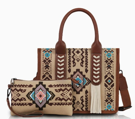 Western Wanderer Embroidered Tote with Matching Pouch