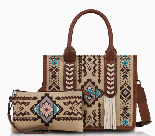 Western Wanderer Embroidered Tote with Matching Pouch
