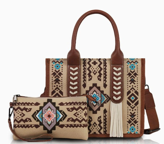 Western Wanderer Embroidered Tote with Matching Pouch